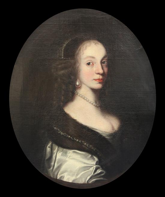 17th century Dutch School Portrait of a lady wearing pearls, oval, 28.5 x 24in.